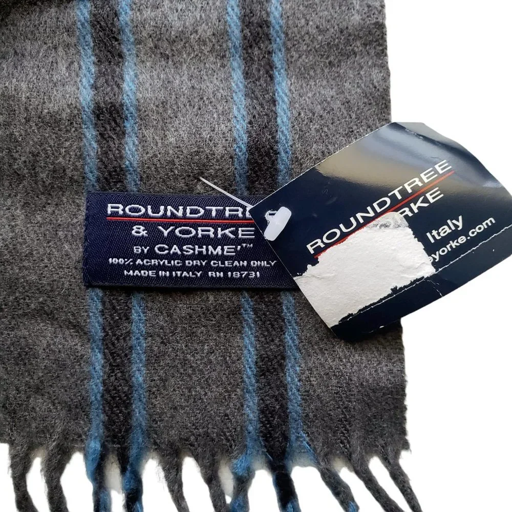 NEW ROUNDTREE & YORKE Grey Striped Italy Made Acrylic Scarf 11.5